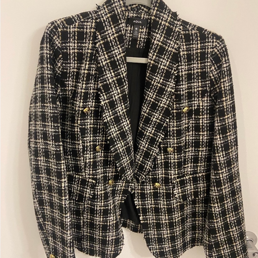 Aqua Black and White Checkered Blazer with Gold Buttons